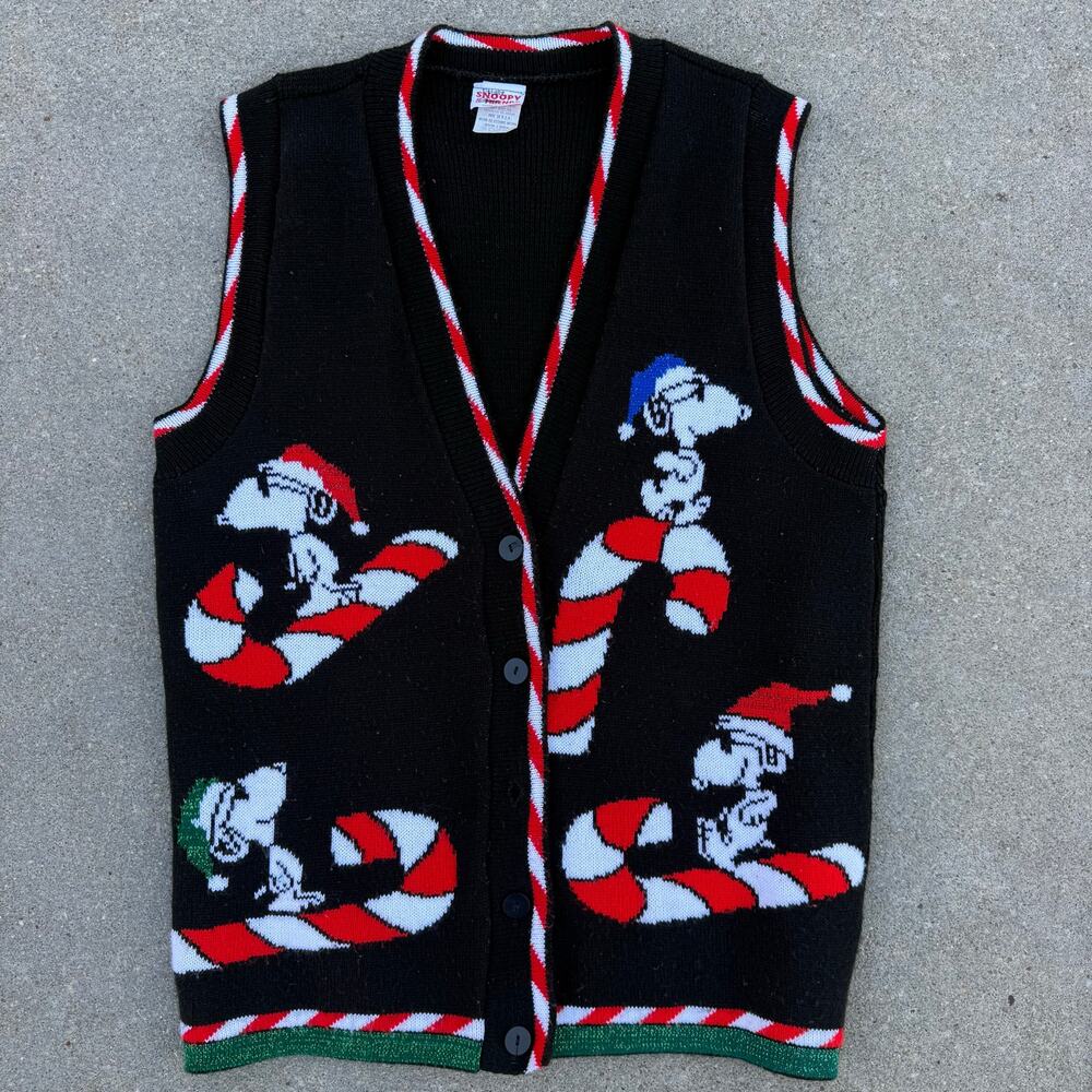 Vintage 90s Snoopy Christmas Ugly Sweater Vest Peanuts Candy Cane Knit MEDIUM